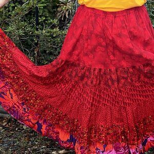 VTG Anna Konya Maxi Fiesta Skirt Full Pockets Reds Boho Kahlo Designer Style OS